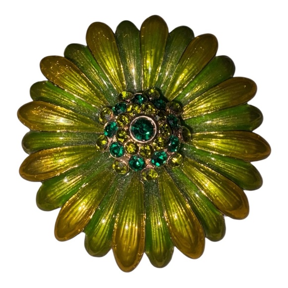 Monet Green Enamel Daisy Flower Rhinestone Gold Tone Brooch J41